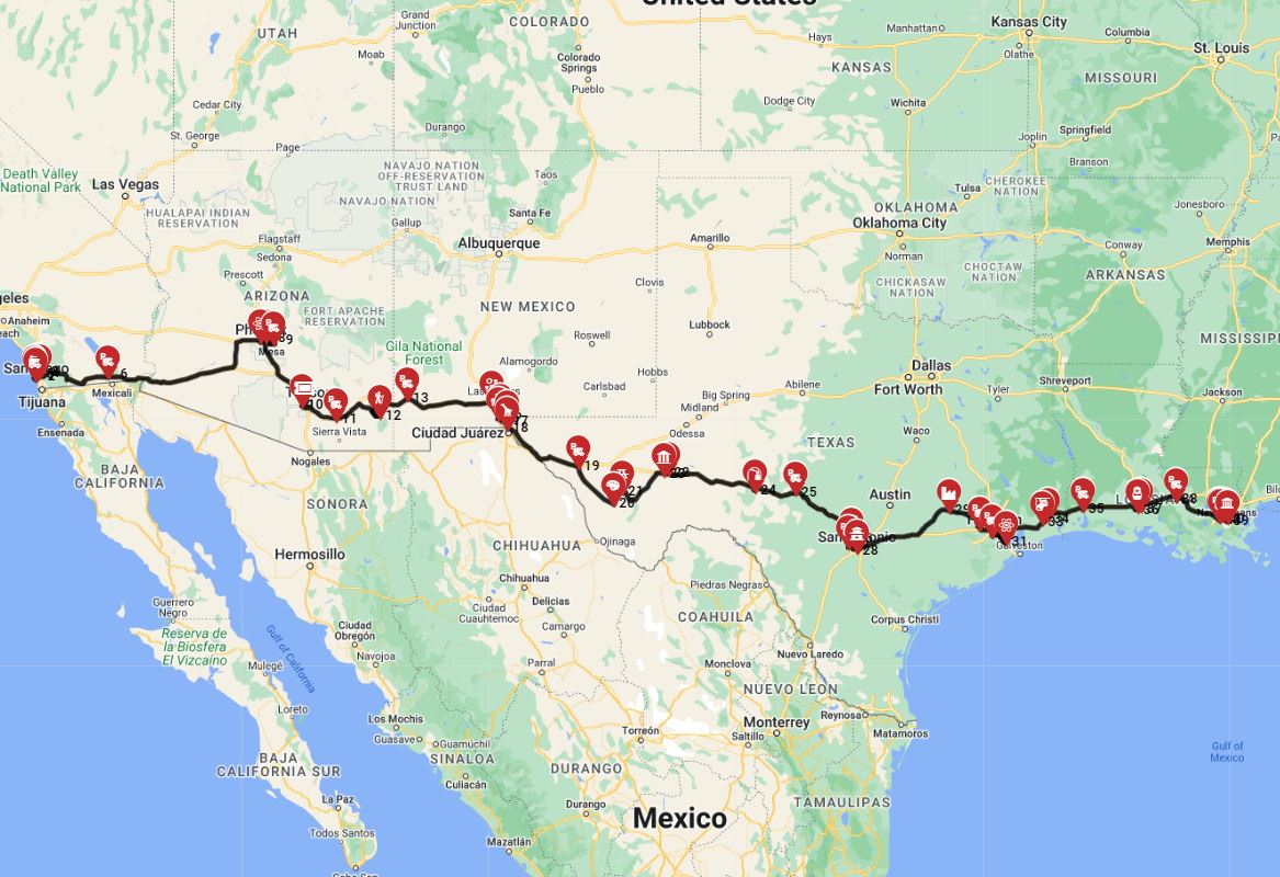 San Diego to New Orleans RV trip fully planned route